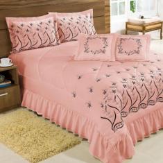 Kit Cobre Leito Casal King Desejos 07 Peças Bordado - Salmão - Bordado