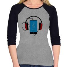 Baby Look Raglan Headphone Smartphone Manga 3/4 - Foca na Moda, Cinza,