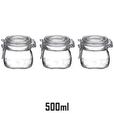 3 Potes de vidro hermético quadrado de 500ml Fido Rocco Bormioli transparente com tampa