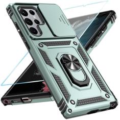 SunStory Capa de celular para Samsung Galaxy S22 Ultra 5G com protetor de tela HD e capa de câmera deslizante e suporte de anel girado, [grau militar] [2 em 1] capa de telefone para Galaxy S22 Ultra