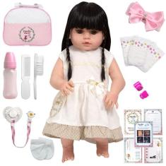 Boneca Reborn Bonita Morena Corpo Silicone + Kit Acessórios - Cegonha 