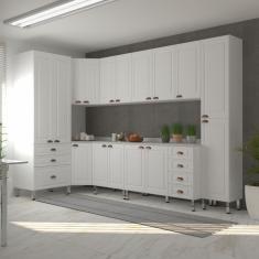 Armário De Cozinha Completa 8 Peças Com Tampos Cristal Luciane Móveis Branco Polar Com Branco Pet E Marmore