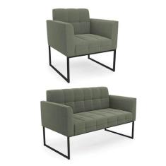 Sofá Namoradeira e Poltrona Industrial Preto Elisa Bouclê D03 - D'Ross