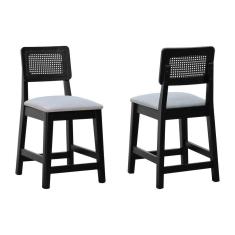 Kit 2 Banquetas Madeira Maciça Encosto Telinha Assento Estofado Preto Linho Bege Mescla Impermeável