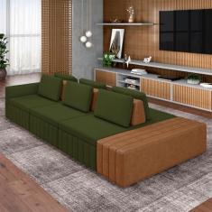 Sofá Ilha com Encosto e Almofadas Móveis Olimpo 365cm Modulado Linho/PU Verde/Caramelo G45 - Gran Belo