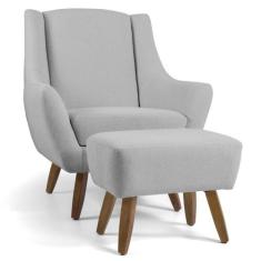 Poltrona Decorativa Fixa com Puff Pés de Madeira Juliet D02 Linho Cru 