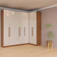 Guarda-roupa Modulado Canto Reto Bartira Lugano 7 Portas, 5 Gavetas e 10 Prateleiras com 3 Peças - Avelã/Capuccino