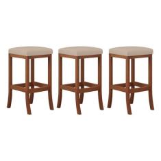 Kit 3 Banquetas Alta Estofada Barcelona 38x74Cm Bancada Bar Madeira Ma