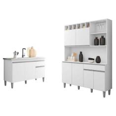 Balcão De Pia Tatiane 120 Cm E Armário Cozinha Kit Alice Branco Brilho