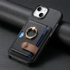 Capa de telefone com suporte de anel de couro para iPhone 13 12 Mini 15 14 11 Pro Max X XS XR 7 8 Plus Carteira com capa de suporte de cartão, preta, para iPhone XR