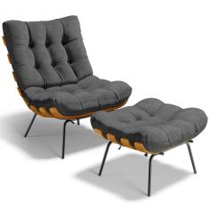 Poltrona Costela L02 Com Puff Sala De Estar Linho Cinza Escuro - Lyam Decor