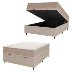 Cama Box Baú Casal Colchão Molas Qatar 138x188x63cm Bege/Branco Inducol - Suporta Até 200 Kg Por Pessoa