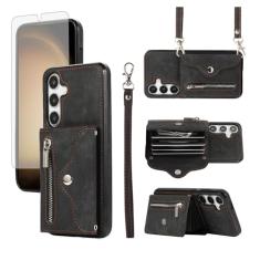 Capa de telefone para Samsung Galaxy S24 Plus S24+ 5G capa carteira e protetor de tela de vidro temperado com alça transversal de pulso cordão suporte para cartão de crédito celular S24plus 24S + S 24