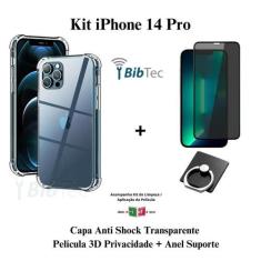 Kit Capa Capinha Transparente + Película 3D Vidro Privacidade + Anel S
