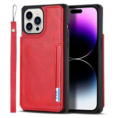 Capa de couro flip para iPhone 12 13 Mini 14 11 Pro Max Carteira Capa para telefone com compartimento para cartão de crédito Alça de suporte, vermelha, para iPhone 14 Pro