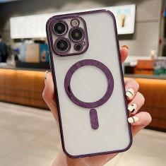 Estojo de carga magnética sem fio transparente com revestimento de luxo para iPhone 11 13 12 14 Pro XS Max X XR 8 Plus Capa de silicone macio, roxo escuro, para iphone 13