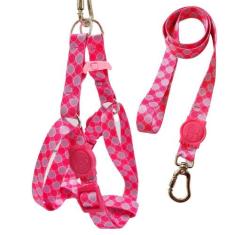 Coleira Peitoral Americano para Cachorro + Guia Rosa Bolinha - Única M