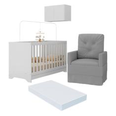 Berço 3 em 1 com Colchão Poltrona e Armário Aéreo 2 Portas Multimóveis Mp4165 Branco/cinza