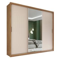 Guarda Roupa Casal Dalila 3 Portas de Correr 2 Gavetas MDF com Espelho Amêndola-Off White