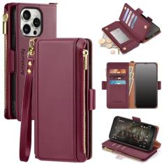 Antsturdy Capa carteira compatível com iPhone 15 Pro Max, capa de telefone de couro PU com bloqueio de RFID, mulheres, homens, suporte, alça de pulso, zíper, compartimentos para cartão de crédito para