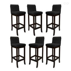 Kit 6 Banquetas Média de Madeira Maciça Nice com Encosto Matelassê Suede Preto CCS