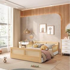 Cama Montessoriano Casal Lift em Madeira Maciça com Rattan 2 Grades Casatema Branco/Natural