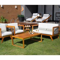 Sofá de Madeira 2 Lugares Corda Naval + 2 Poltronas Caribe + Mesa Cooler e Lareira