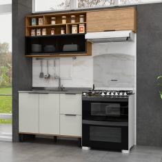 Cozinha Modulada 3 Peças Mdf Com Aéreo 1200cm Porta De Vidro Basculante Toscana Freijó-off White