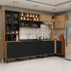 Cozinha Modulada Toscana 7 Peças Mdf Com Paneleiro 1 Forno E Armários Canto Freijó-nero