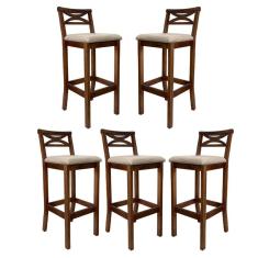 Kit 5 Banquetas Média Estofada para Bancada Madri Madeira Castanho Suede Bege CCS