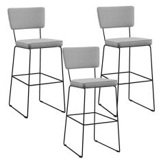 Kit 03 Banquetas Alta Base Aço Fixa Linho Cinza