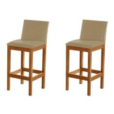 Kit 2 Banquetas Alta Pérola Com Encosto Estofada Em Veludo Bege Madeira Maciça Castanho