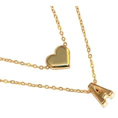 Colar Duplo Cordão Inicial A Coração Folheado Ouro 18k