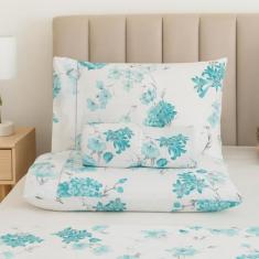 Jogo de Lençol Casal em Percal Estampado 100% Algodão com Elástico + 2
