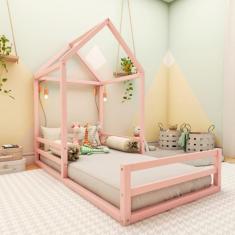 Cama Montessoriana Solteiro Meia Casinha Ludika Mobília limonada rosa