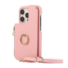 Suporte de anel crossbody com zíper cartões Solt carteira capa de couro para iPhone 15 Pro Max 14 Plus 13 12 11 SE 2022 capa espelhada, rosa, para iPhone 13Mini