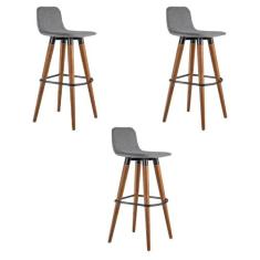 Kit 3 Banquetas Altas Luxo Linea Aço Preto Linho Cinza Base Carvalho  
