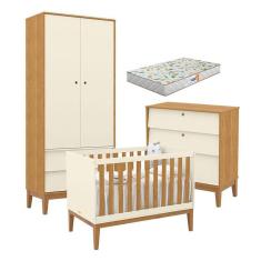 Quarto de Bebe Unique 2 Portas com Cômoda Gaveteiro Off White Freijó Eco Wood e Colchão Gazin - Matic