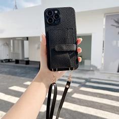 Capa tipo carteira com bolso transversal para cartão para iPhone 11 12 13 14 Pro Max X XR XS Max 7 8 Plus Capa traseira com alça de couro, preta, para iphone XR