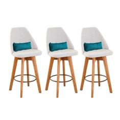 Kit 03 Banquetas Linho Bege E Almofada Suede Azul Turquesa