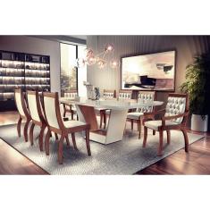 Sala de Jantar Rubi com 8 cadeiras Pérola Madeira Vidro Mobillare - Off White/Cin. Imbuia/Liso Bege