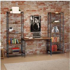 Conjunto Home Office 3 Peças com Escrivaninha e 2 Estantes Industriais Active Yescasa Nogal