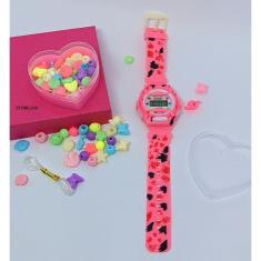 Relógio Infantil Digital Menina Esporte Silicone + Kit Miçangas Coloridas para Montar Colar Pulseiras Anél Fio Silicone