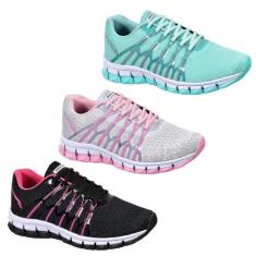 Tênis feminino academia kit 3 pares olympp mega leve, Verde, Gelobb, P