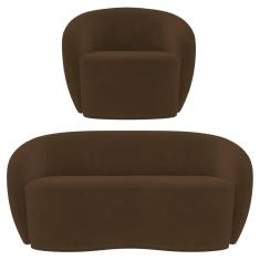 Sofá 2 Lugares Living 160cm E 1 Poltrona Giratória Garbin K04 Veludo Marrom - Mpozenato