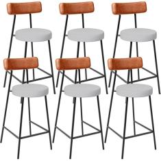 Kit 06 Banquetas Baixa Bar Cozinha Sala Jantar Milão L02 Couríssimo Camel Linho Cinza - Lyam Decor