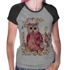Baby Look Raglan Coruja e Folhas - Foca na Moda, Cinza, Preto, G
