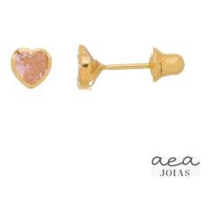 Brinco Infantil Coração Pedra Zirconia 4mm De Ouro 18k 750 - Aea Joias