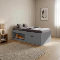 Cama Solteiro com Sapateira e Nicho Laura Yescasa Cinza