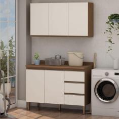 Conjunto para Área de Serviço com Balcão 2 Portas e 3 Gavetas e Armário Aéreo 3 Portas Low Dry Ébano/Off White